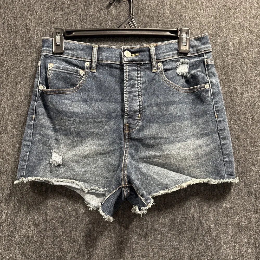 Jessica Simpson High Waist Distressed Denim Short Sz 8/29 Frayed Hem‎ Button Fly